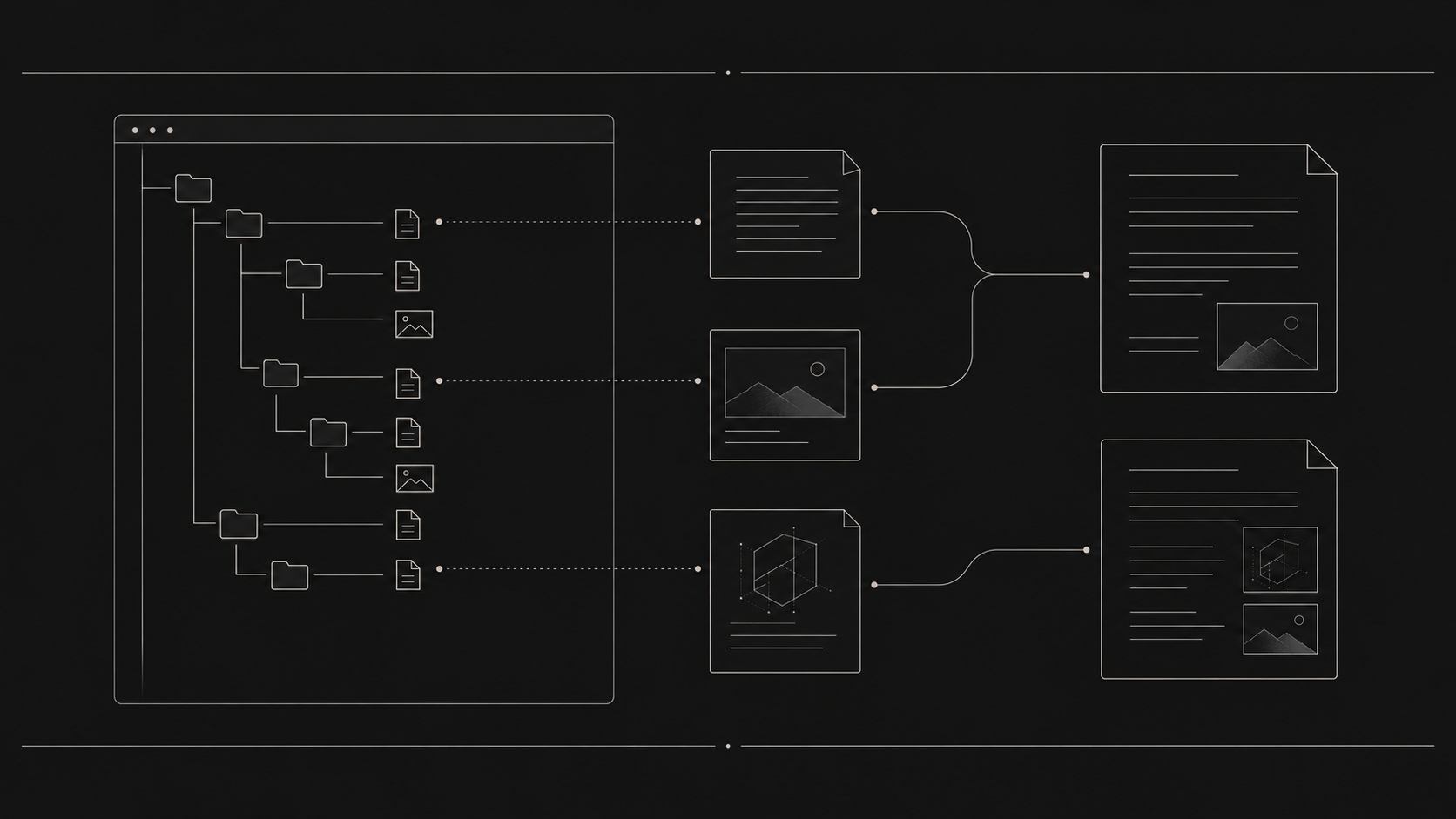 A quiet map of files, folders, and notes connected through IBX
